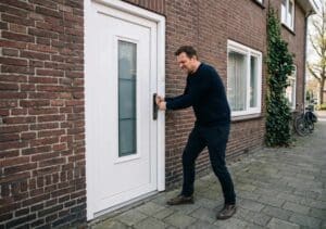 Man trekt met kracht aan klemmende kunststof voordeur van woning, herkenbaar probleem volgens Markant Kozijnen.
